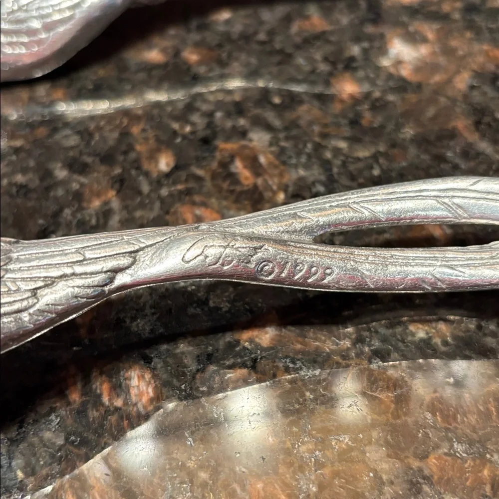 Vintage 1999 Arthur Court Aluminum Salad Serving Set ~ Spoon/Fork Bird Design